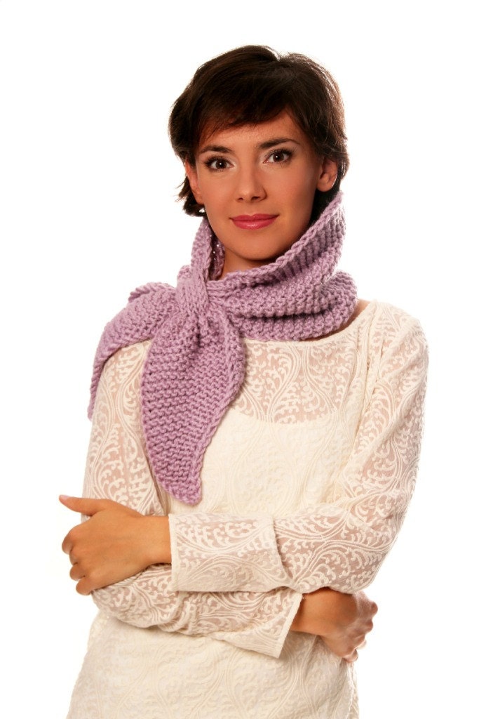 Knitted bow scarf in lavender color, wool, alpaca, acrylic