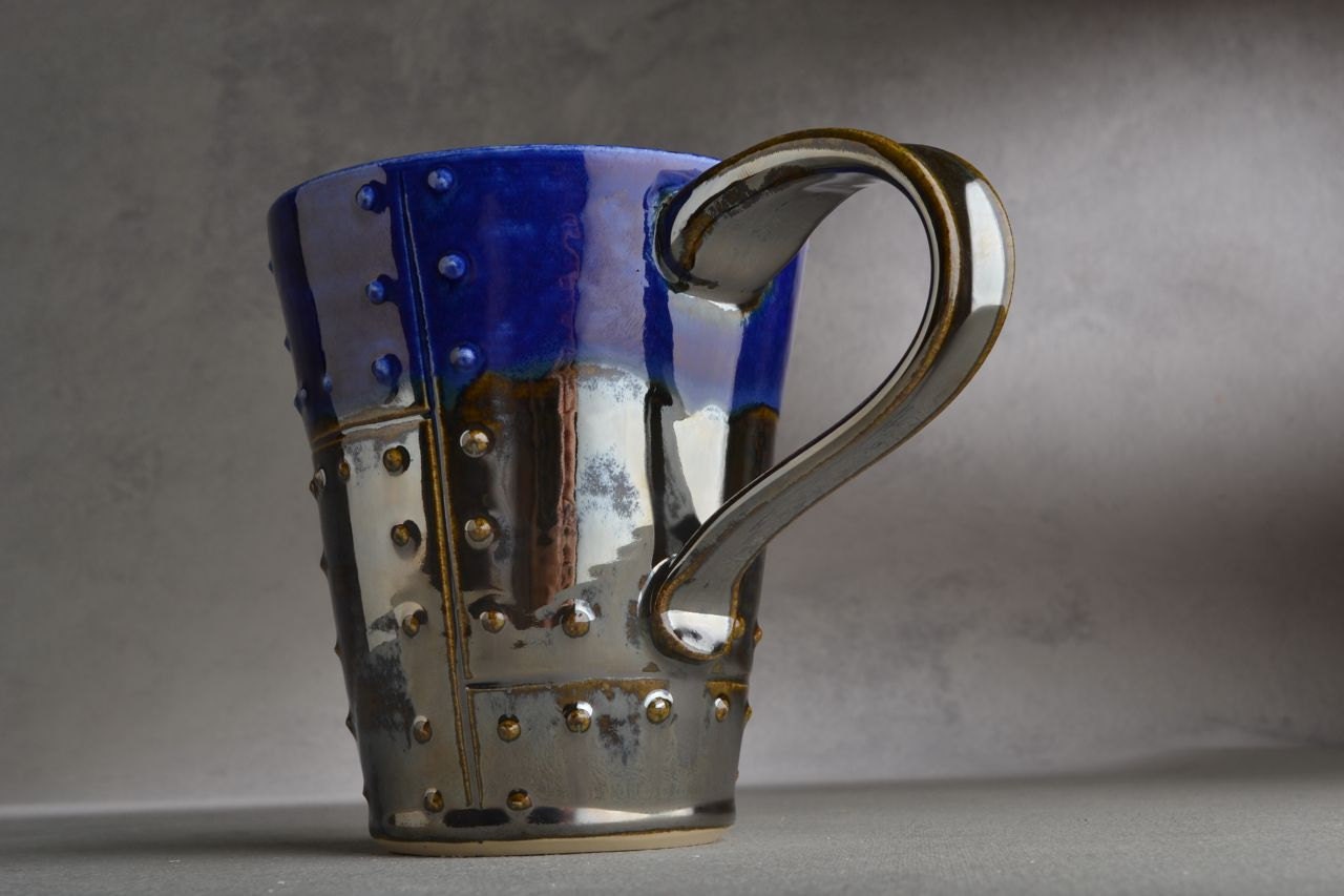 Sheet Metal Mug Made To Order Blue and Chrome Sheet Metal Stoneware Mug by Symmetrical Pottery