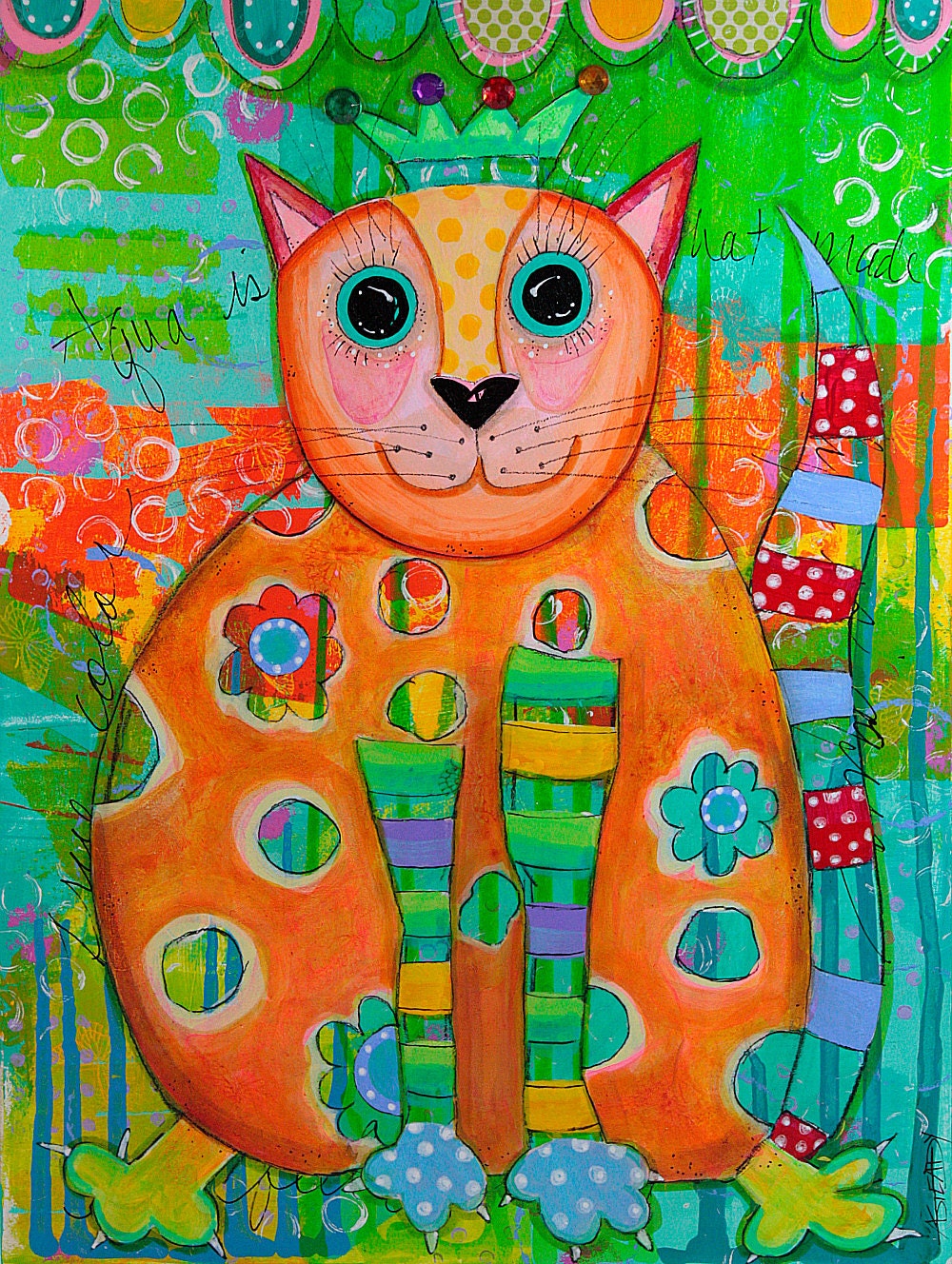Cat Art Print Reproduction of Original Art - Colorful Cat with Crown. Aqua, Orange Blue and Red on Etsy (8 1/2" x 11")