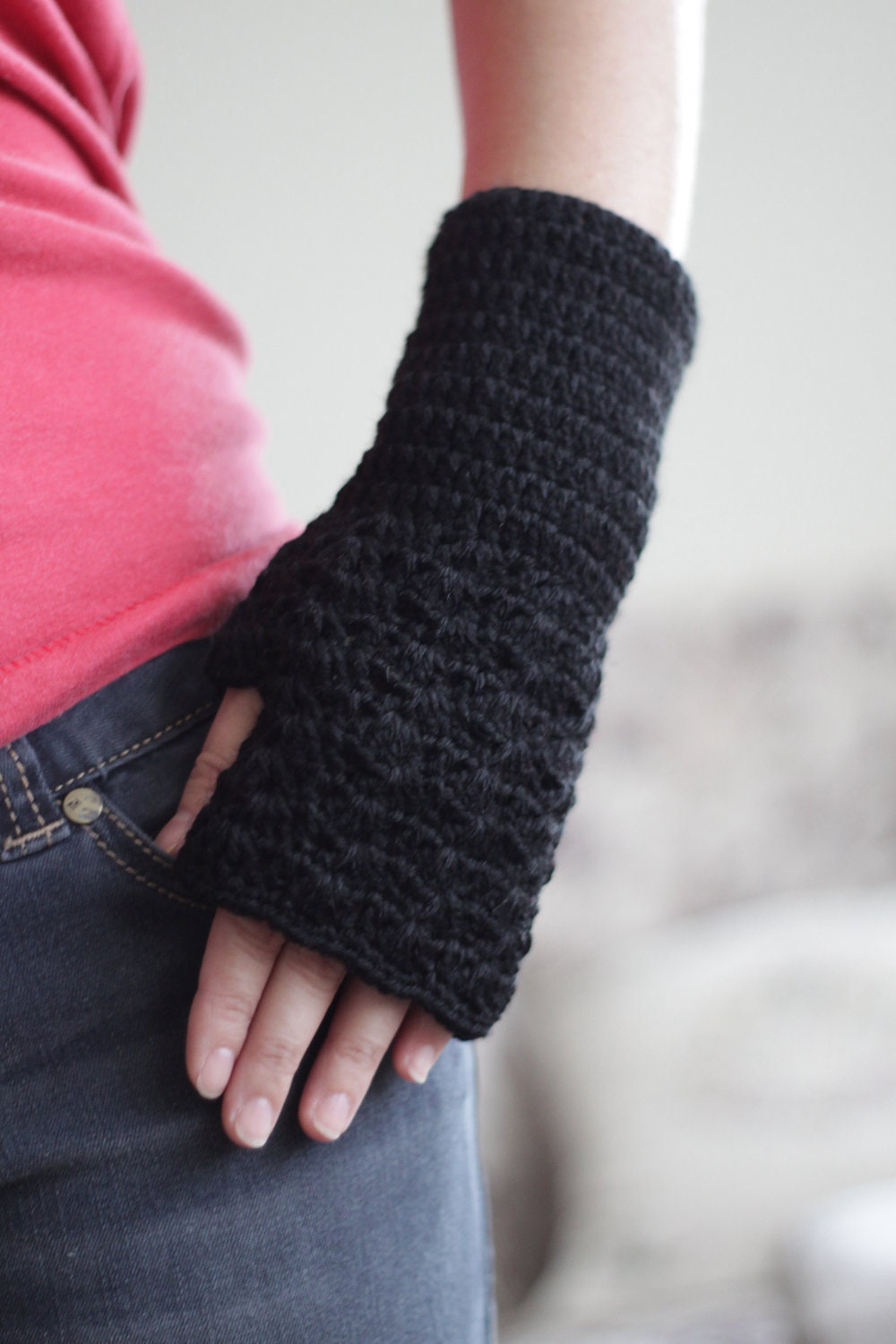 Black Women gloves - Fingerless, crocheted mittens