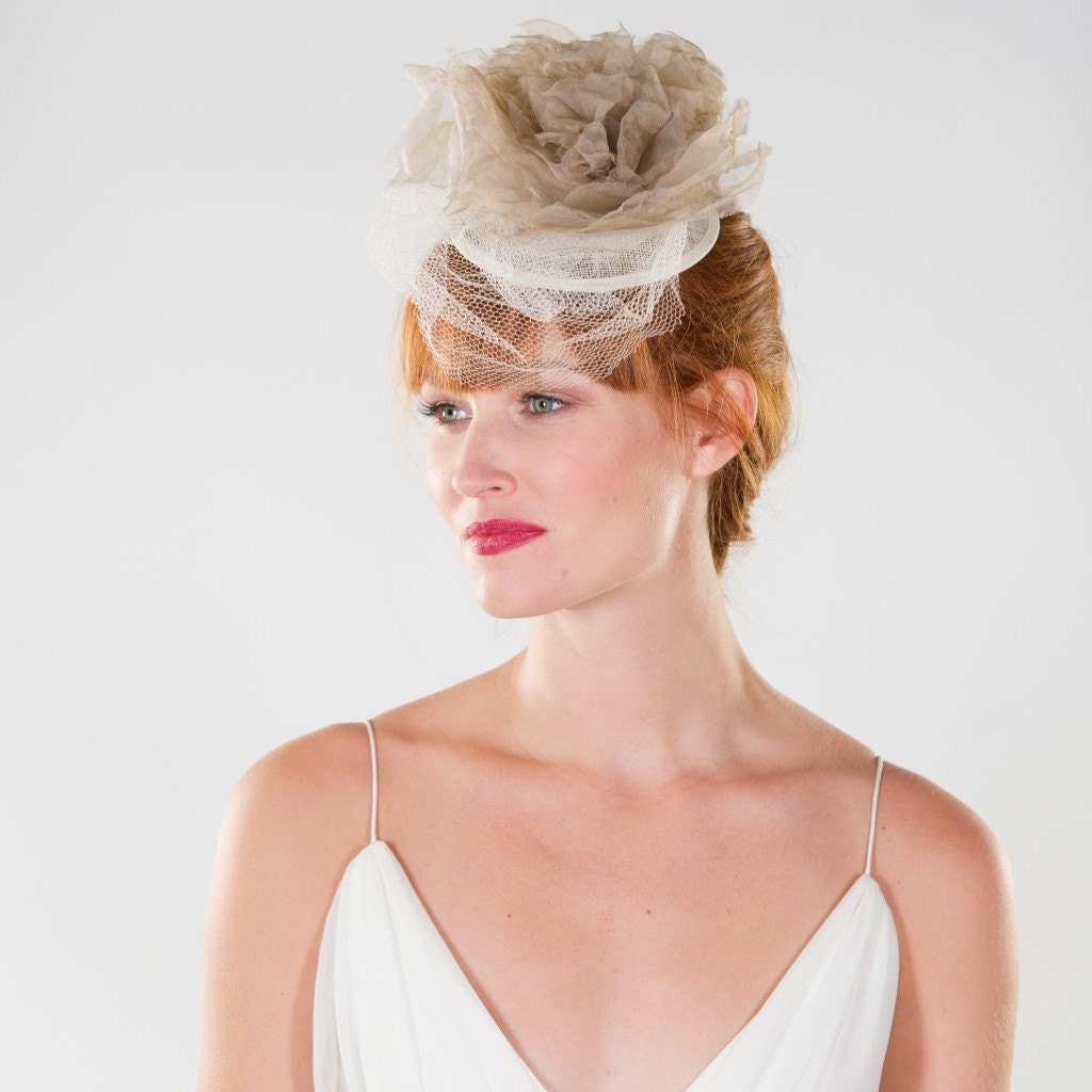 Vintage Inspired Ivory Fascinator with Veiling and Large Organza Flower