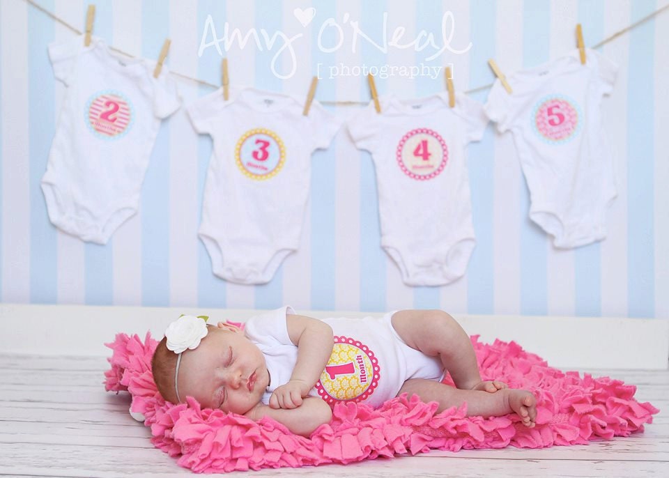 Baby Photo Prop Monthly Onesie Stickers - Jade - Posh and Preppy Patterns in Pink, Yellow, and Blue - Baby Month Stickers