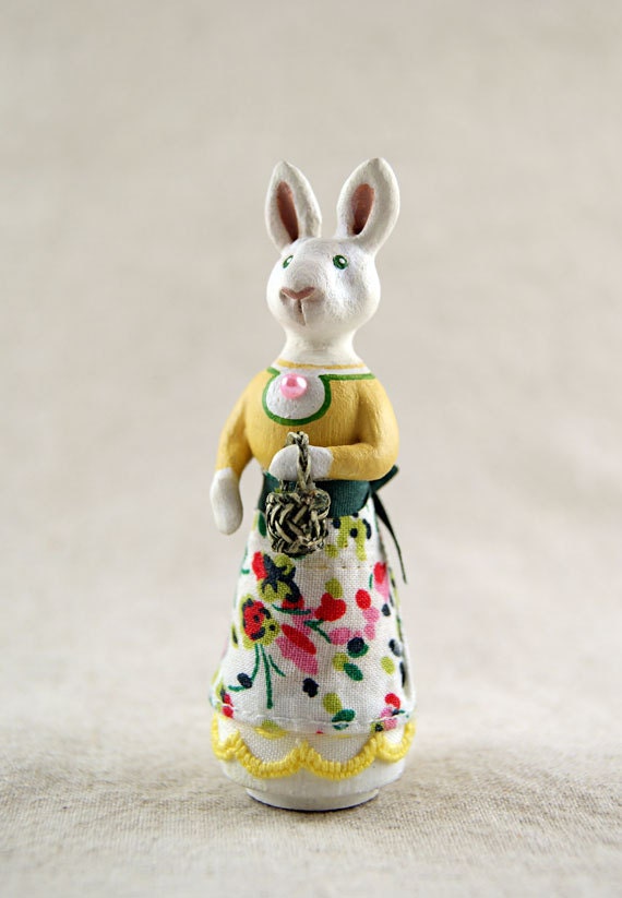White Rabbit with Basket Miniature Sculpture, Handmade Statuette, OOAK Art Piece