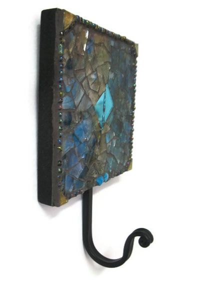 Key Holder Mosaic Wall Hook Hanger Metal Bathroom Bedroom Laundry Nursery Gold Turquoise glass decoupage iridescent beads