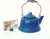 Blue Graniteware, Tea Kettle, French Blue, Vintage Kitchen Enamelware, Rustic Home Decor, Farmhouse Chic