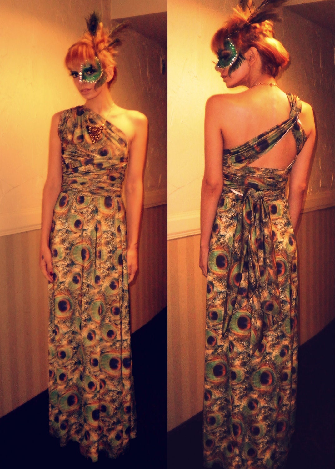 Floor Length Peacock Print Infinity Convertible Wrap Twist Dress - - - Bridesmaids, Prom, Cocktail Party, Costume Party