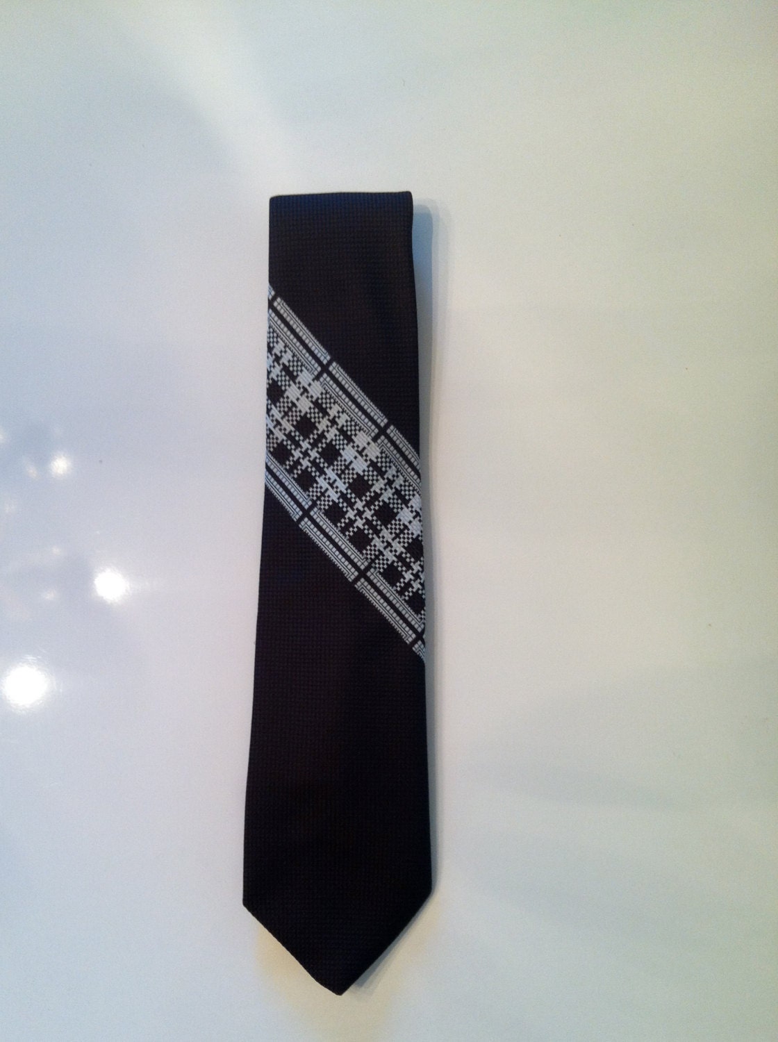 Vintage 1970s Retro Hipster Asymmetric Striped and Checkered Tie