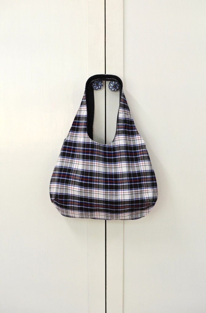 Reversible Blue Plaid Tote bag  / beach bag/ travel bag/ shopping bag