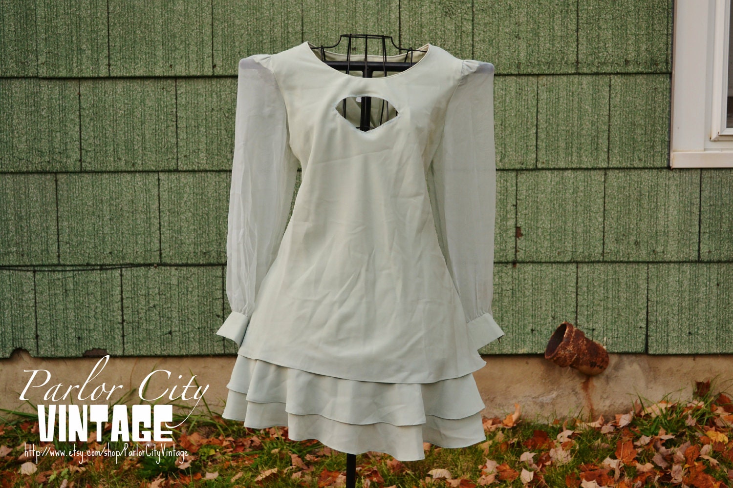 The Lori Dress - Seafoam Green Upcycled Vintage Dress with Sheer Sleeves and Ruffles