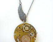 Steampunk Necklace Vintage jewelled brass pocket watch movement dark wing - Funky Steampunk inspired Pendant - Timeless Relic