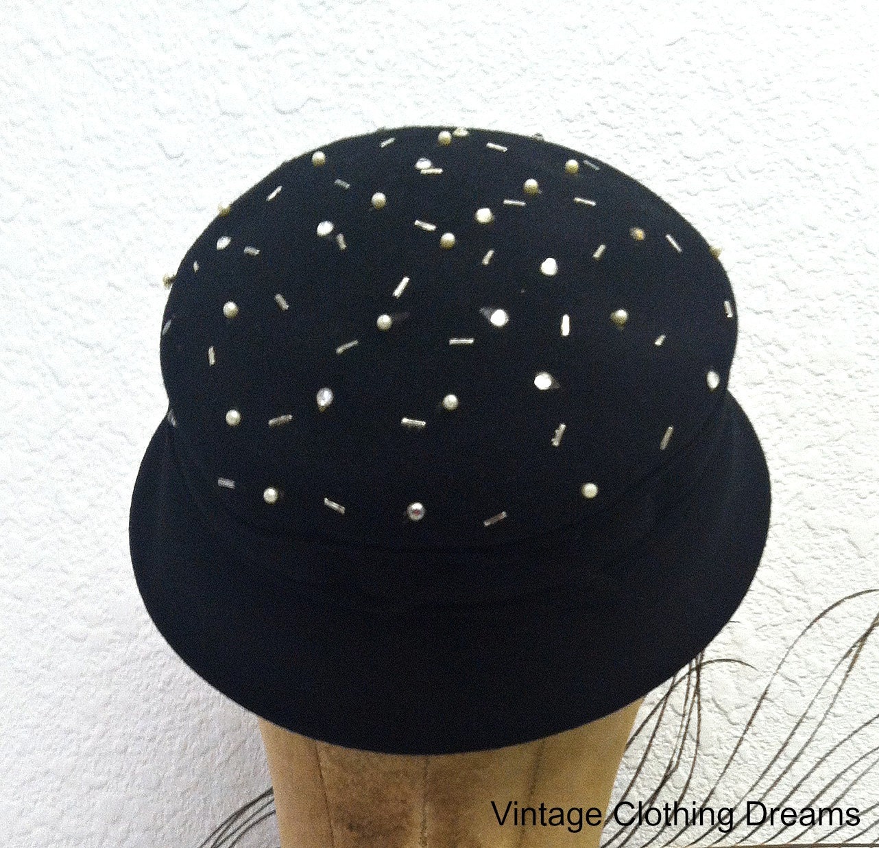 Vintage 30s 1930s Hat 40s 1940s Toy Tilt Hat black wool rhinestones beads thirties forties