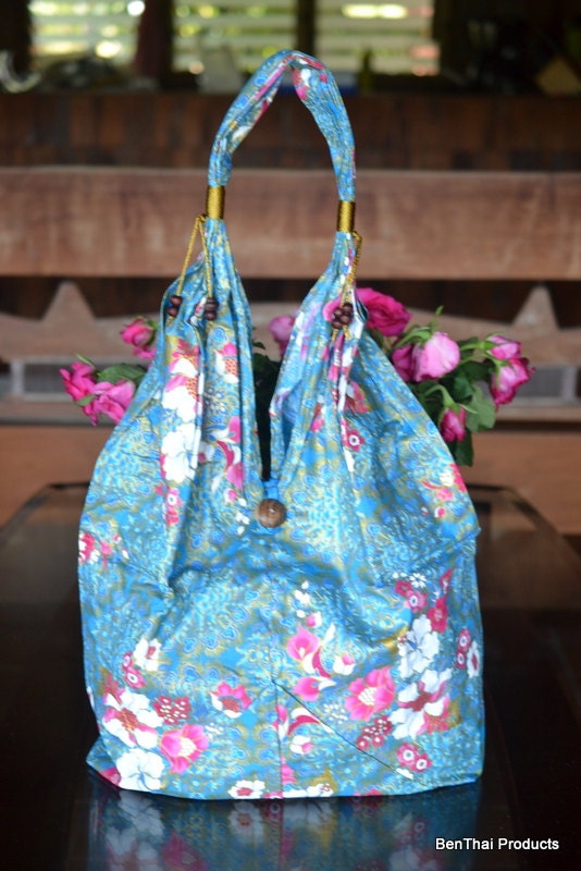 Hippie Hobo Shoulder Bag Purse Floral Flower Women Handbag Cotton In Light Blue - Large