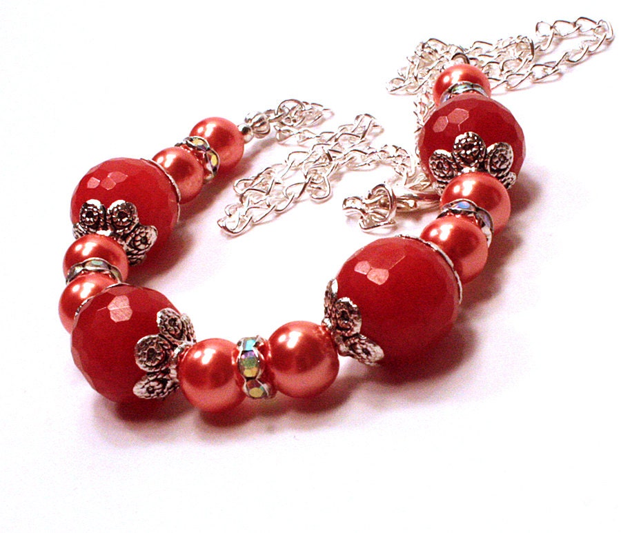 Red Jade Necklace, Red Beaded Necklace, Orange, Red, Silver, Pearls