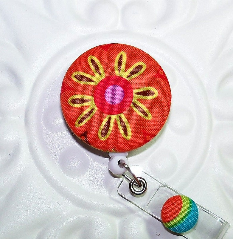 Badge Reel Badge Lanyard Retractable Badge Holder  Fabric Covered Button Orange Yellow Pink