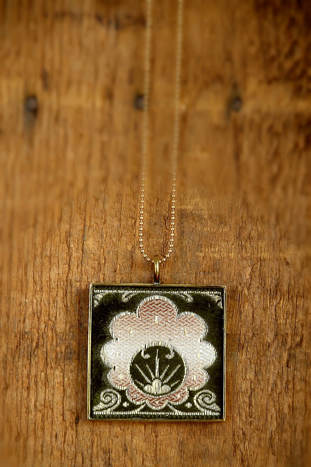 Handmade Antique French Ribbon Pendant Necklace,  Green Velvet Art Nouveau motif on gold chain