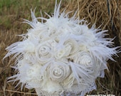 All White / Cream Burlap, Lace, Feathers, and Pearls Rustic Chic Bridal Wedding Bouquet