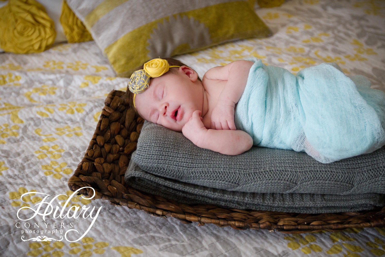 Rolled Fabric Flower Headband DOUBLE - Gray and Sunflower Yellow - on Skinny Elastic - Newborn Infant Toddler Girl Adult