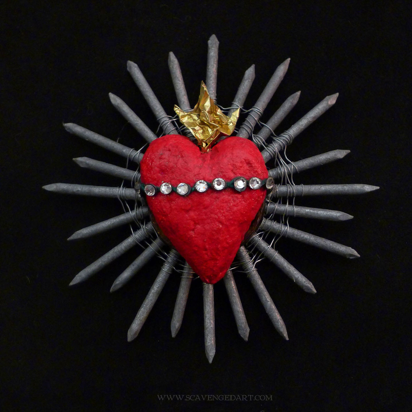 Art Sculpture Sacred Heart Found Object Wall Art Aluminum Nails Upholstery Tacks Swarovski Rhinestones OOAK  13