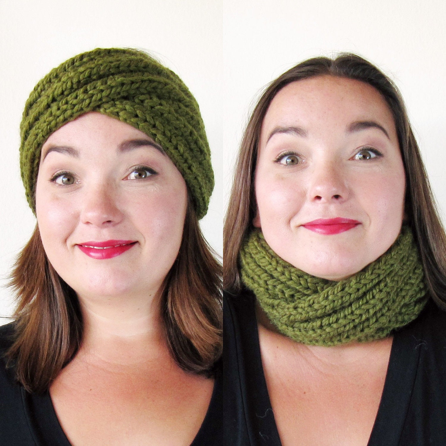 Forest Green Chunky Knit Headband or Infinity Scarf, Turban Headband, Chunky Cowl, Charity Donation, by Knits for Life