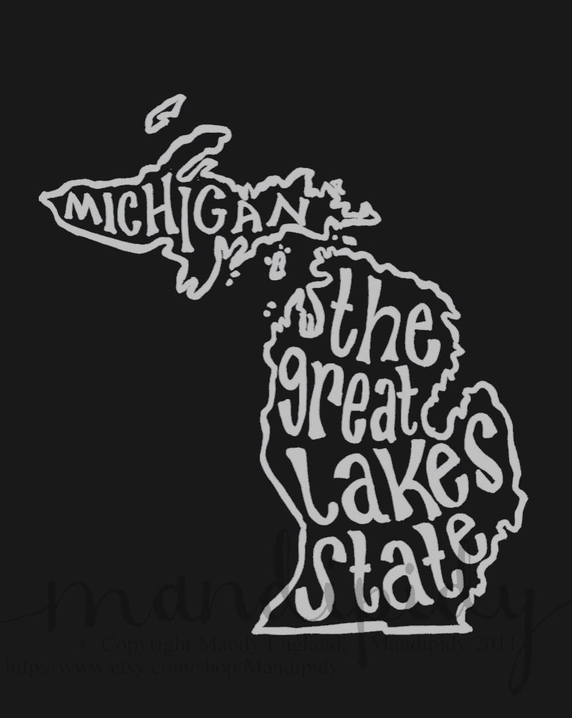 Michigan the Great Lakes State - Black Background - 8x10 Illustrated Print by Mandipidy