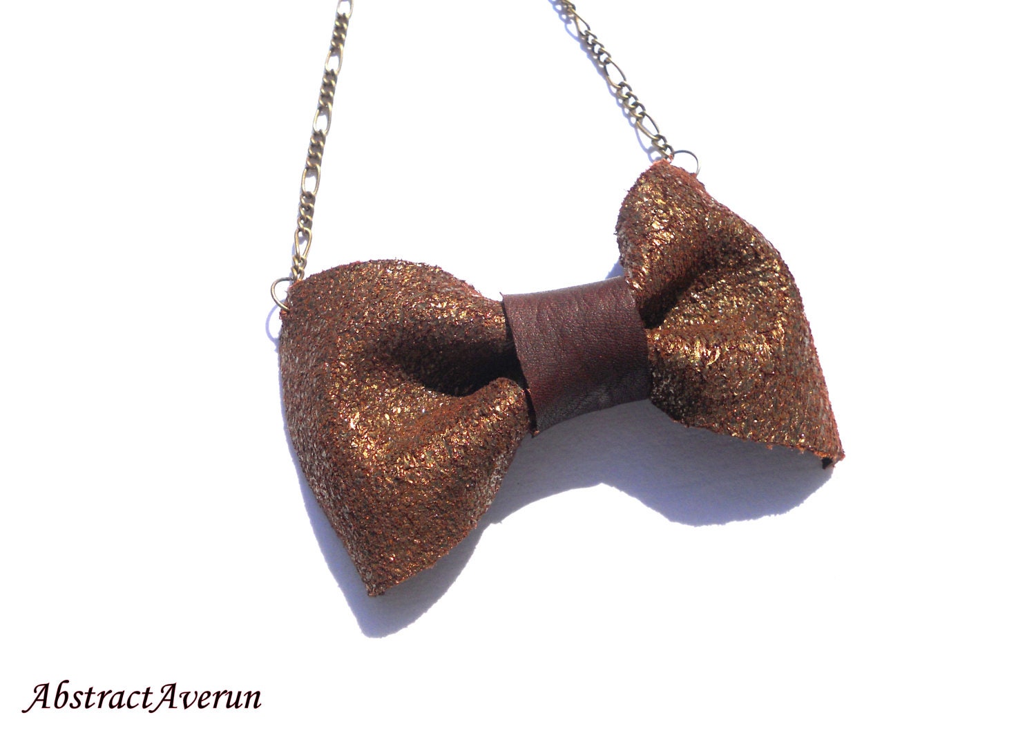 Big Metallic Leather Bow Necklace - Metallic Leather, Brown, Brass Necklace 20"