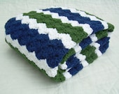 Crochet Baby Blanket, Baby Blanket, Crochet Green Blue Baby Blanket, Blue, Green, and White, travel size