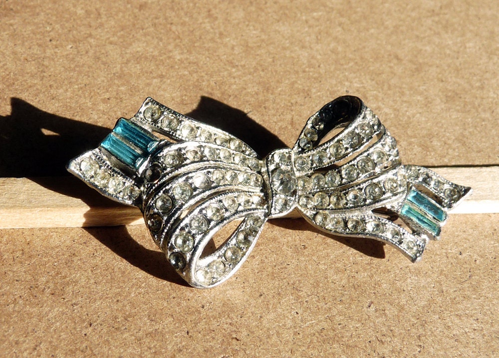 Vintage Bow Brooch Blue Rhinestone Wedding