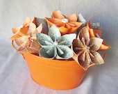 Fall autumn paper flower arrangement in orange metal tin, orange, green and plaid flowers