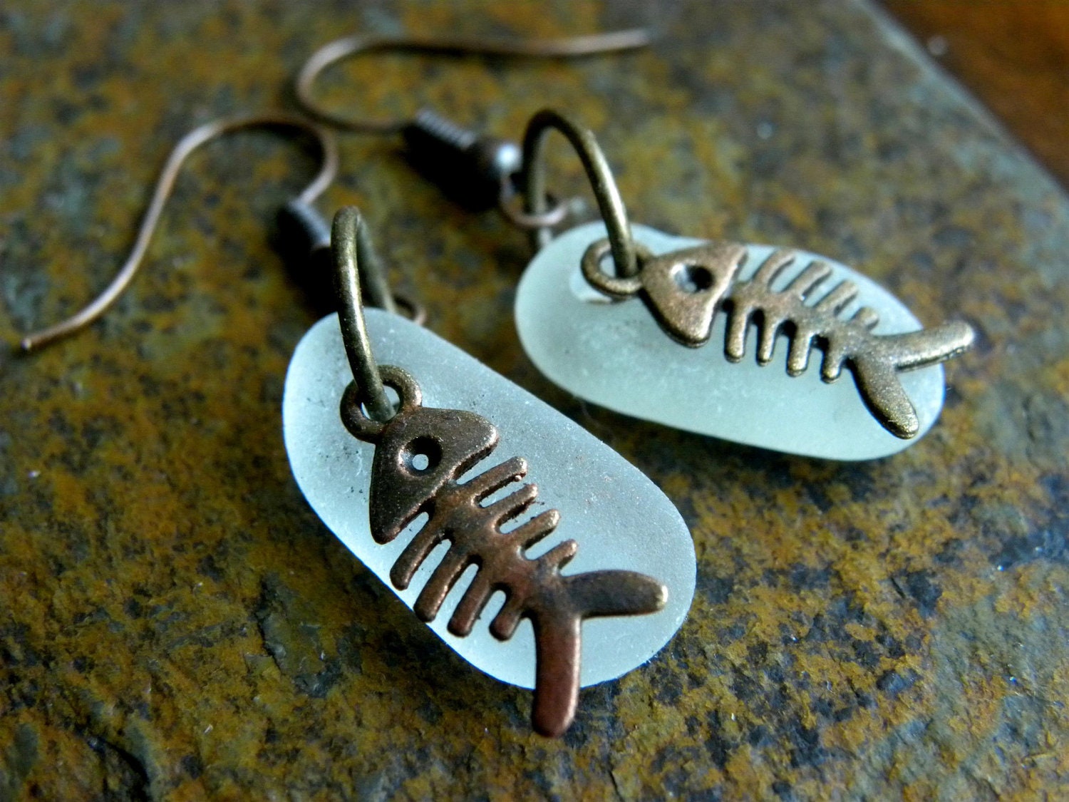 White sea glass with bronze fish sea glass earrings