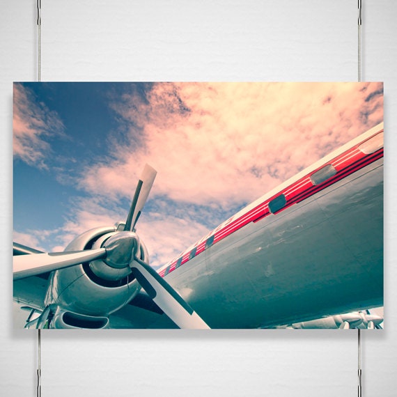 Airplane Travel Photography / aviation aviator pilot flight / red aqua pink blue pastel wall decor / 8"x12" photograph print /  "Wanderlust"