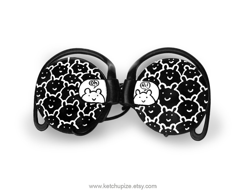 Headphones earphones black and white painted custom made