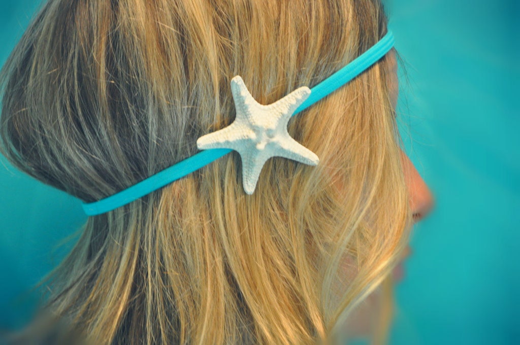 White Starfish Headband  Mermaid Headwrap on Aqua Turquoise Blue Elastic Headband