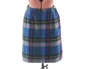 Vintage 1960's Mini Blue School Preppy Wool Knit Dark Plaid Skirt S