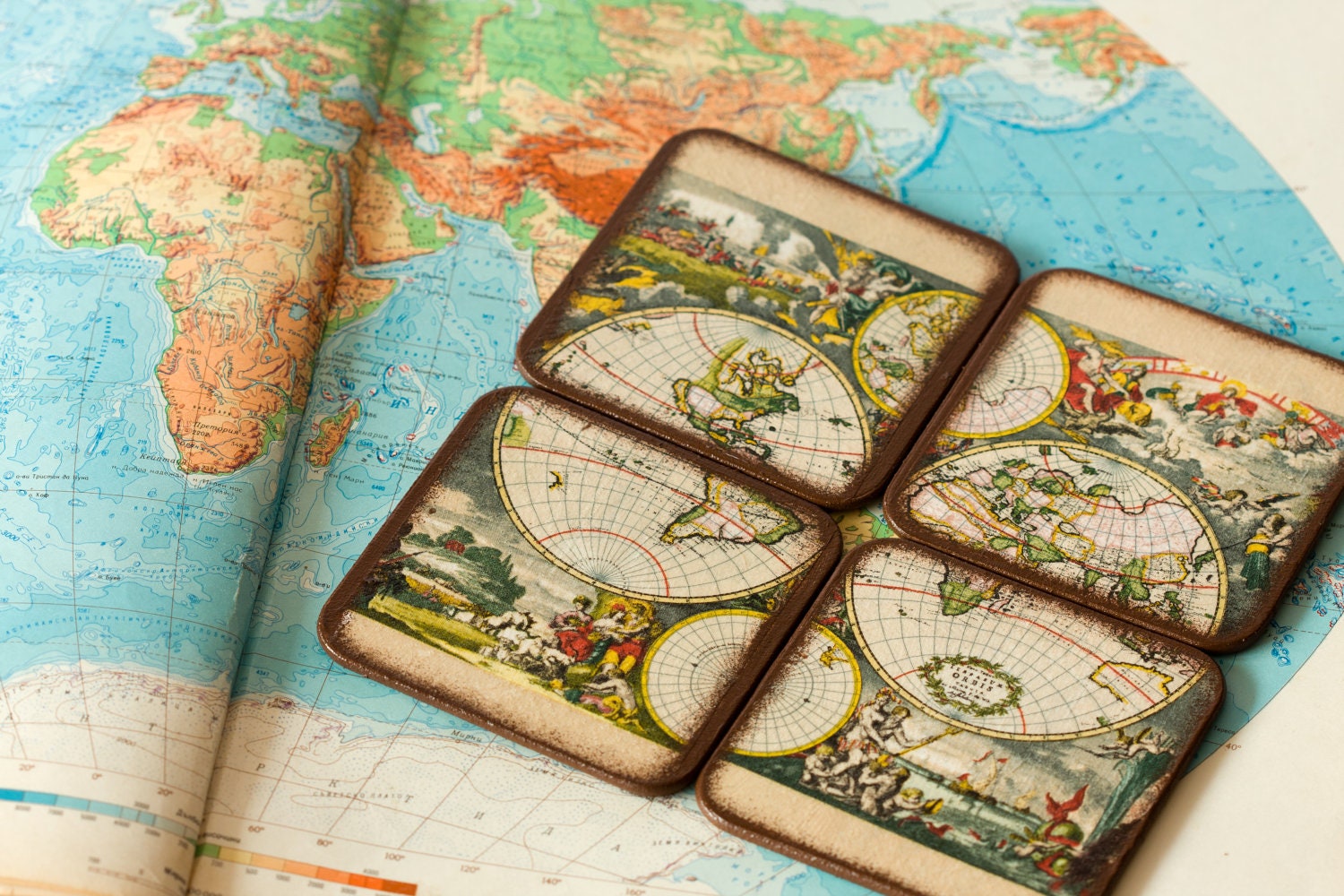 World Map Coasters, Vintage Orbis Map, Rustic Brown Kitchen Set of 4, Beige SP Travel ohtteam, Dudes, Father's day gift
