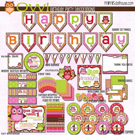 Owl Decorations- Printable Owl Birthday Party Decorations PDF/JPEG Il_570xn