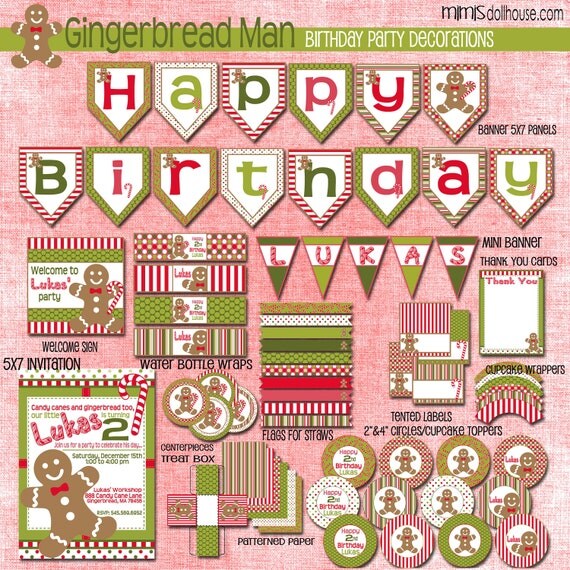Gingerbread Man Decorations- Printable Christmas Birthday Party Decorations- Candy Cane Birthday Party PDF/JPEG Il_570xn