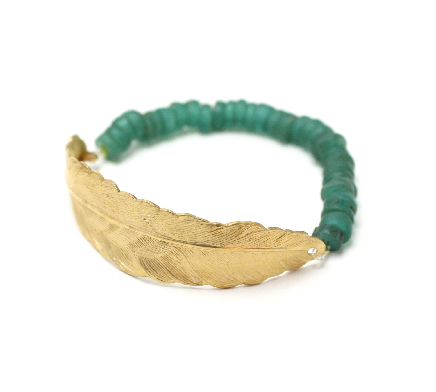 Flight -- brass feather and African green beaded bracelet