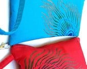 Peacock Feather Clutch, Women's Wristlet Hand Painted, Teal Blue or Coral Red, Makeup Bag, Purse, Gifts for Her