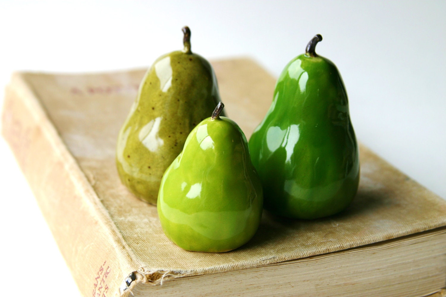 Porcelain Pears - Set of 3 Handmade Sculptures - Windowsill Home Decor - OOAK Olive Green Moss - Ready to Ship