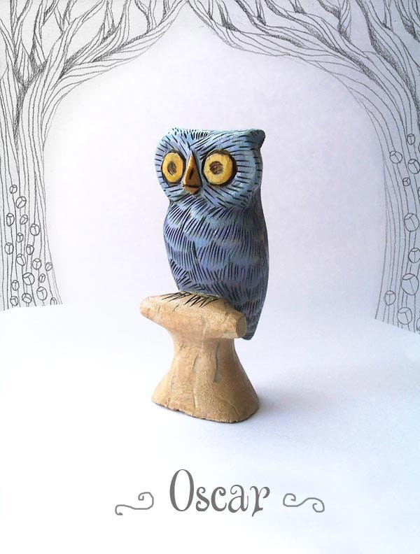 Oscar the Silvery Blue Owl - whimsical small wooden animal carving figurine sculpture - TheWishForest