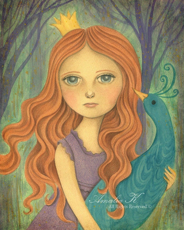 Print of Original Acrylic Painting of Princess and a Bird, Fantasy Art, Girl Illustration, Listen to the Forest by Amalia K