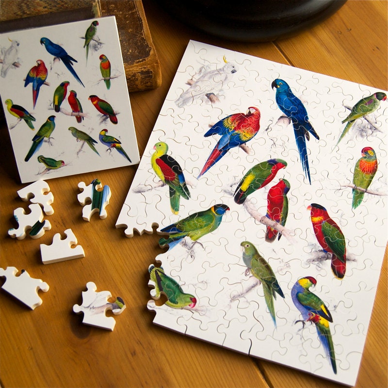 Jigsaw Puzzle, Handmade, Wooden, 102 pieces - The Parrots of Edward Lear