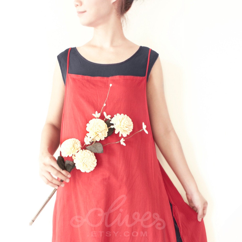 Cotton Spring Apron Knot Vest Dress in Red-Black