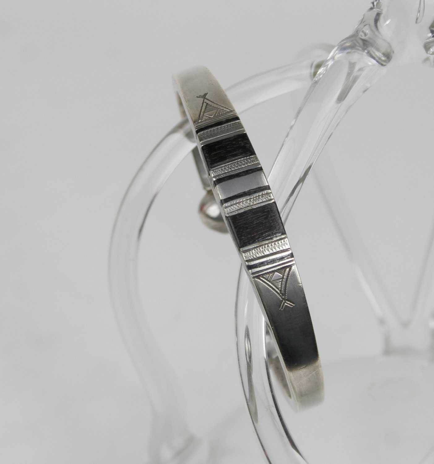 Vintage Signed Authentic Tribal Silver Alloy Cuff Bracelet With Wood Inlays From Nairobi East Africa circa 1970s