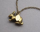Rabbit necklace, gold leaf charm, antique brass, woodland jewelry, small bunny rabbit hare pendant