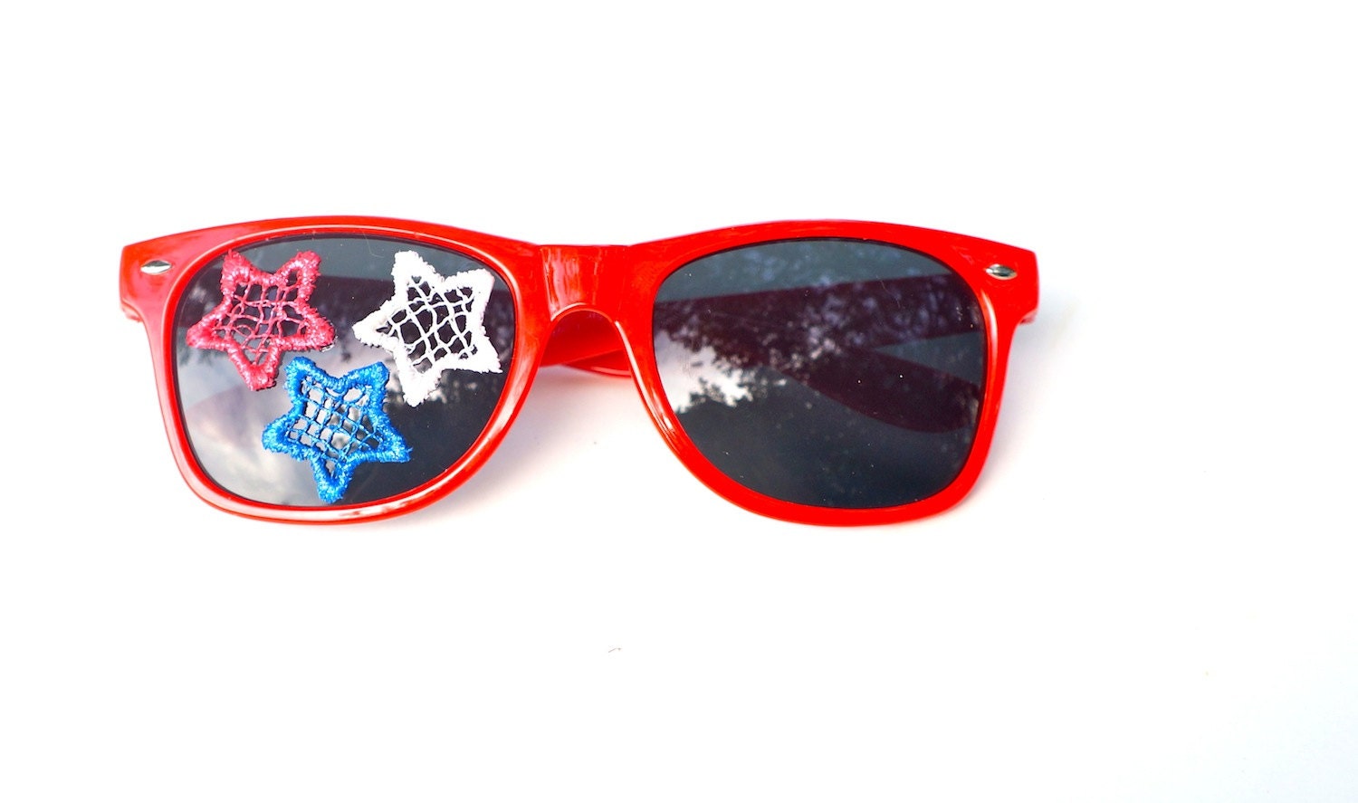Red Sunglasses Hand Painted Lace in Red White Blue July 4 Stars