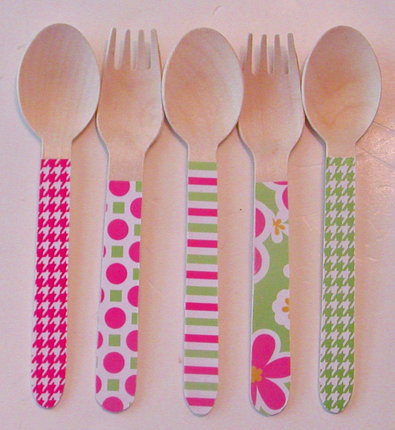 Preppy Palm Beach Hot Pink and Green Multi-Pattern Wooden Forks or Spoons - Set of 20 Il_170x135
