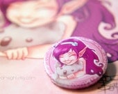 Digital Print & pinback badge of Pink pixie elf with koala plush. Chibi cute kawaii digital art. 6x4 (10x15cm)