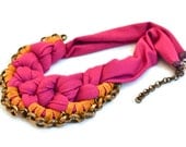 Colorful Statement Necklace, Fabric Bib Necklace, Dark Pink and Honey Golden  with Oxidised Chain