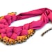 Colorful Statement Necklace, Fabric Bib Necklace, Dark Pink and Honey Golden  with Oxidised Chain